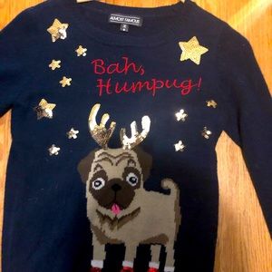 “Ugly” Christmas sweater with pug on it.